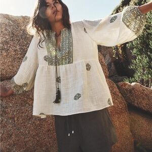 Zara White Blouse with Green Embroidery